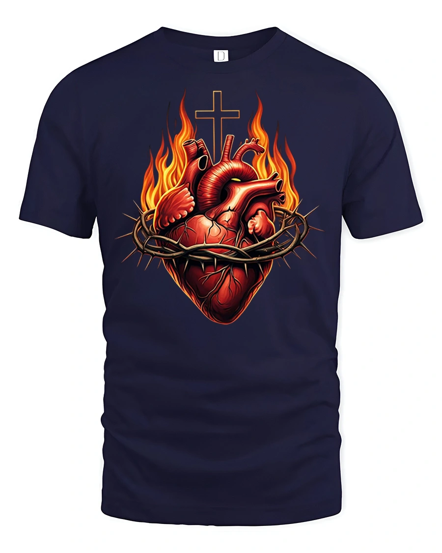 Sacred Heart Flame Cross Faith T-Shirt - 1 Sacred Heart Flame Cross Faith T-Shirt - navy t-shirt on white background