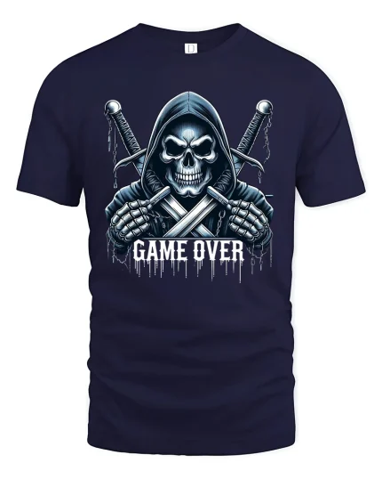 Game Over Skull Warrior Gamer T-Shirt - navy t-shirt on white background