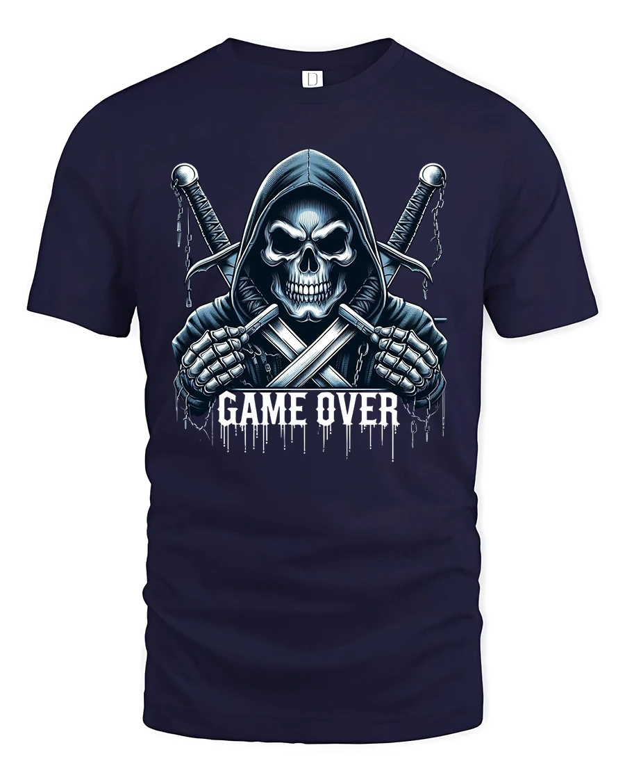 Game Over Skull Warrior Gamer T-Shirt - 1 Game Over Skull Warrior Gamer T-Shirt - navy t-shirt on white background