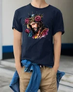 Jesus Crown of Thorns with Roses Tee - model wearing Navy T-shirt, hands in pockets, denim shirt at waist