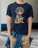 Lazy Vacation Vibes Cartoon Funny Tee - model wearing Navy T-shirt, hands in pockets, denim shirt at waist