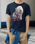 Strong Bond Horse and Rider Friendship T-Shirt - model wearing Navy T-shirt, hands in pockets, denim shirt at waist