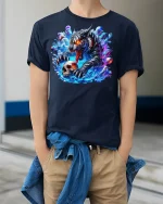 Fierce Tiger Skull Warrior Neon T-Shirt - model wearing Navy T-shirt, hands in pockets, denim shirt at waist