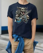 Heavy Metal Demon Guitar Rock T-Shirt - model wearing Navy T-shirt, hands in pockets, denim shirt at waist