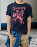 Scout Winged Cat Fantasy T-Shirt - model wearing Navy T-shirt, hands in pockets, denim shirt at waist