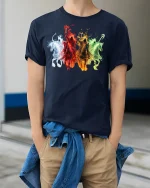 Four Horsemen of Apocalypse T-Shirt - model wearing Navy T-shirt, hands in pockets, denim shirt at waist