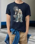 Fallen Statue Angel Gothic Style Tee - model wearing Navy T-shirt, hands in pockets, denim shirt at waist