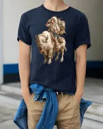Native Buffalo Rider Tribal Spirit Tee - model wearing Navy T-shirt, hands in pockets, denim shirt at waist