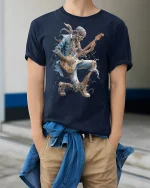 Rock Skeleton Guitarist Cool Band T-Shirt - model wearing Navy T-shirt, hands in pockets, denim shirt at waist