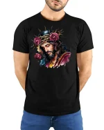 Jesus Crown of Thorns with Roses Tee - model with hands behind back, wearing Black T-shirt and blue jeans