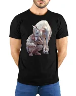 Strong Bond Horse and Rider Friendship T-Shirt - model with hands behind back, wearing Black T-shirt and blue jeans