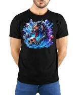 Fierce Tiger Skull Warrior Neon T-Shirt - model with hands behind back, wearing Black T-shirt and blue jeans