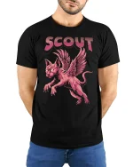 Scout Winged Cat Fantasy T-Shirt - model with hands behind back, wearing Black T-shirt and blue jeans