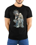 Fallen Statue Angel Gothic Style Tee - model with hands behind back, wearing Black T-shirt and blue jeans