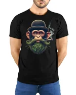 Funny Monkey Smoking Cigar Cool T-Shirt - model with hands behind back, wearing Black T-shirt and blue jeans