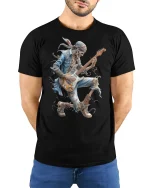 Rock Skeleton Guitarist Cool Band T-Shirt - model with hands behind back, wearing Black T-shirt and blue jeans