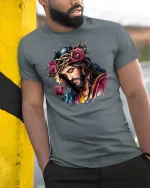 Jesus Crown of Thorns with Roses Tee - model leaning on yellow-black pole, wearing Gray T-shirt, hand in pocket