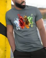 Four Horsemen of Apocalypse T-Shirt - model leaning on yellow-black pole, wearing Gray T-shirt, hand in pocket