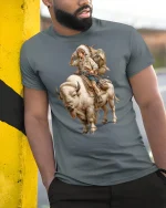Native Buffalo Rider Tribal Spirit Tee - model leaning on yellow-black pole, wearing Gray T-shirt, hand in pocket