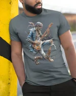 Rock Skeleton Guitarist Cool Band T-Shirt - model leaning on yellow-black pole, wearing Gray T-shirt, hand in pocket