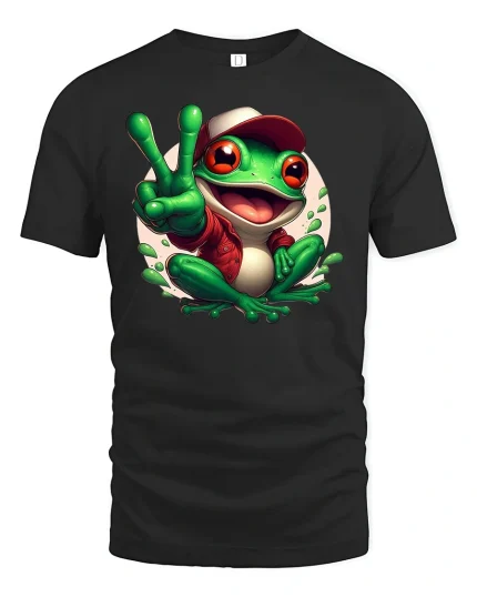 Happy Frog Peace Sign T-Shirt - black t-shirt on white background