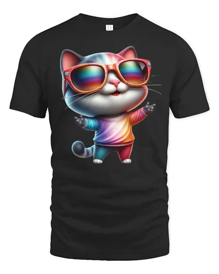Cool Cat Rainbow Shades T-Shirt - black t-shirt on white background