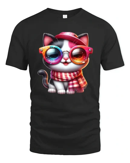 Cool Cat With Rainbow Glasses T-Shirt - black t-shirt on white background
