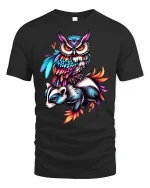 Colorful Owl and Badger T-Shirt - black t-shirt on white background