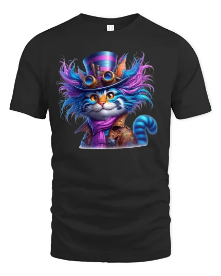 Steampunk Cat T-Shirt - Cool Mad Hatter Style - black t-shirt on white background