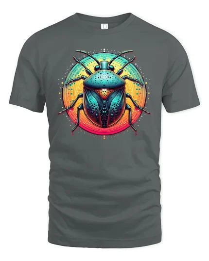Neon Beetle T-Shirt - Vibrant Insect Art - gray t-shirt on white background