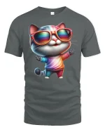 Cool Cat Rainbow Shades T-Shirt - gray t-shirt on white background