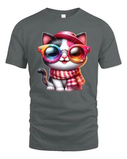 Cool Cat With Rainbow Glasses T-Shirt - gray t-shirt on white background