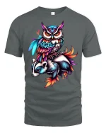 Colorful Owl and Badger T-Shirt - gray t-shirt on white background