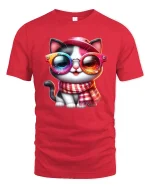 Cool Cat With Rainbow Glasses T-Shirt - red t-shirt on white background
