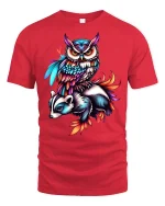Colorful Owl and Badger T-Shirt - red t-shirt on white background