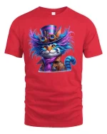 Steampunk Cat T-Shirt - Cool Mad Hatter Style - red t-shirt on white background