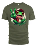 Happy Frog Peace Sign T-Shirt - military green t-shirt on white background
