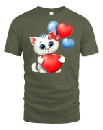 Cute Kitty With Heart Balloons T-Shirt - military green t-shirt on white background