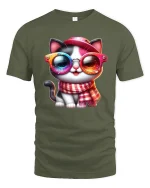Cool Cat With Rainbow Glasses T-Shirt - military green t-shirt on white background