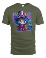 Steampunk Cat T-Shirt - Cool Mad Hatter Style - military green t-shirt on white background
