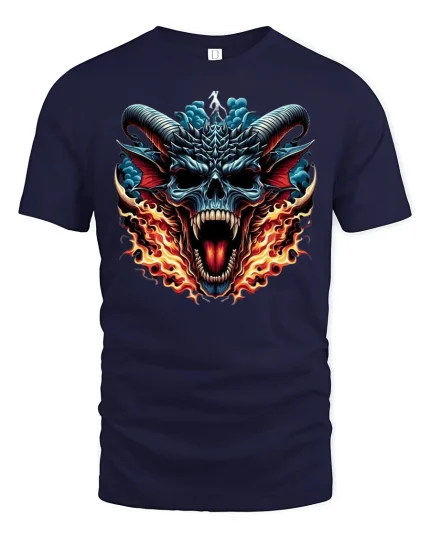 Fire Demon Skull T-Shirt - navy t-shirt on white background