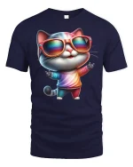 Cool Cat Rainbow Shades T-Shirt - navy t-shirt on white background