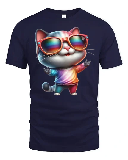 Cool Cat Rainbow Shades T-Shirt - navy t-shirt on white background
