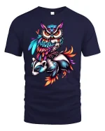 Colorful Owl and Badger T-Shirt - navy t-shirt on white background