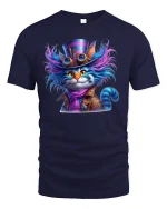 Steampunk Cat T-Shirt - Cool Mad Hatter Style - navy t-shirt on white background