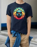 Neon Beetle T-Shirt - Vibrant Insect Art - model wearing Navy T-shirt, hands in pockets, denim shirt at waist
