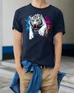 Fierce White Tiger T-Shirt - model wearing Navy T-shirt, hands in pockets, denim shirt at waist