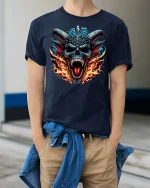 Fire Demon Skull T-Shirt - model wearing Navy T-shirt, hands in pockets, denim shirt at waist