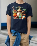Chill Beach Turtle T-Shirt - model wearing Navy T-shirt, hands in pockets, denim shirt at waist