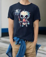 Cute Skull Warrior T-Shirt - model wearing Navy T-shirt, hands in pockets, denim shirt at waist
